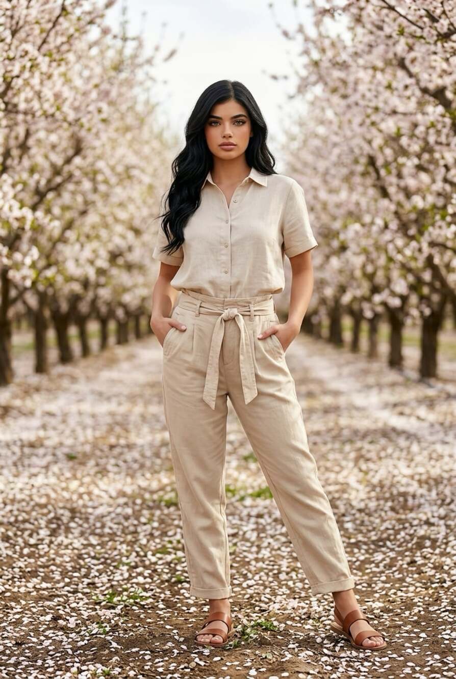 Lauren Ralph Lauren Tan Pleated Belted Wide-Leg Chino Trousers